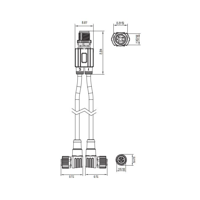 M12 4Pin公头/2M12 3Pin母头90°、带LED灯、Y型预铸PUR拖链电缆、黑色护套、64D441-XXX